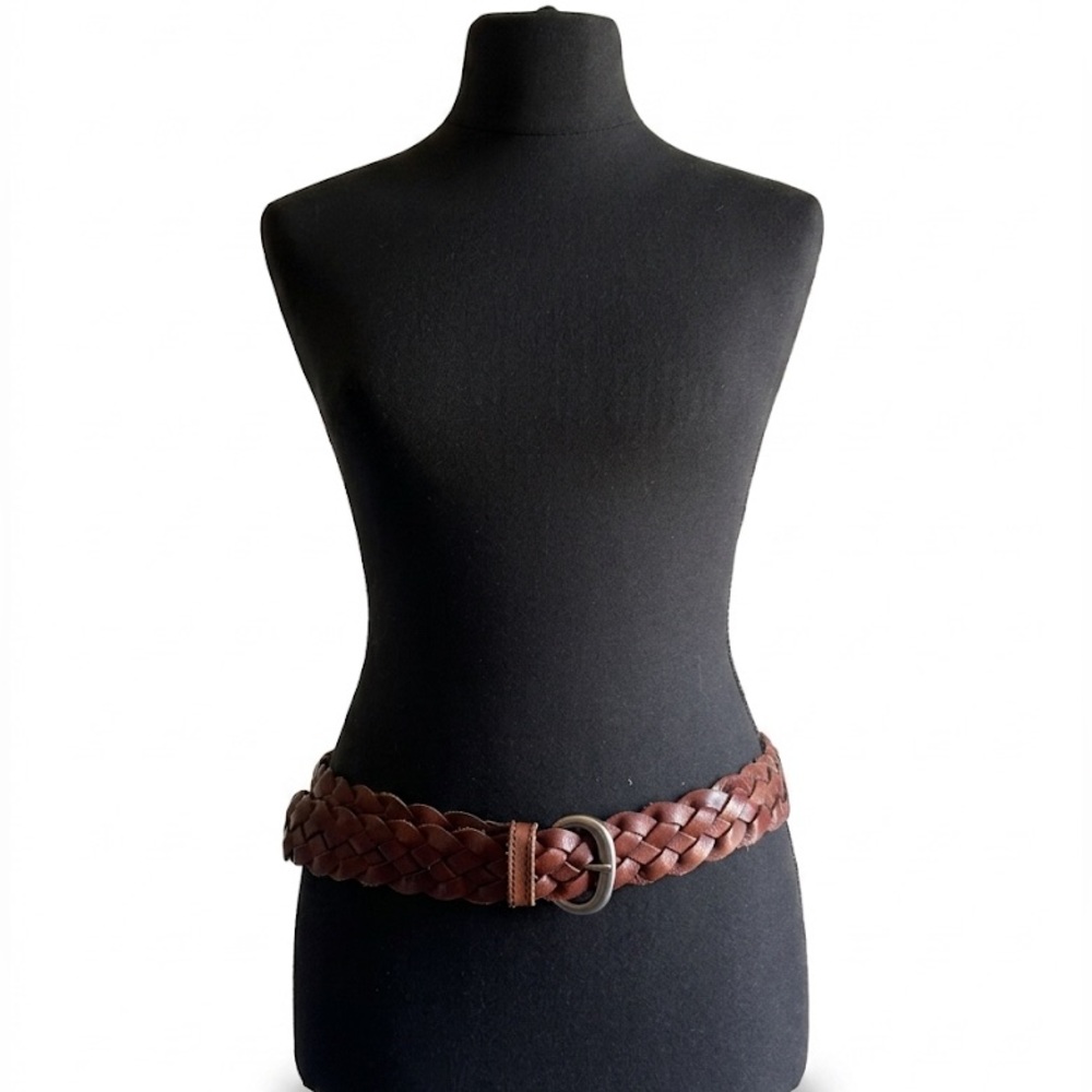 Vintage American Eagle Woven Leather Belt, Brown Braided Boho Waist Belt, M/L
